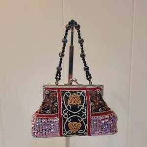 Blingy Sequin Multi Colored Mini Bag with Beaded Handle & Black Satin Lining